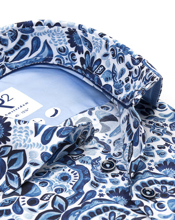 Indigo floral print stretch shirt 014 - Blue