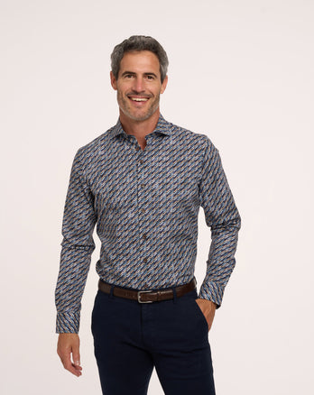 Extra long sleeves. Sofa print stretch shirt 010 - Navy