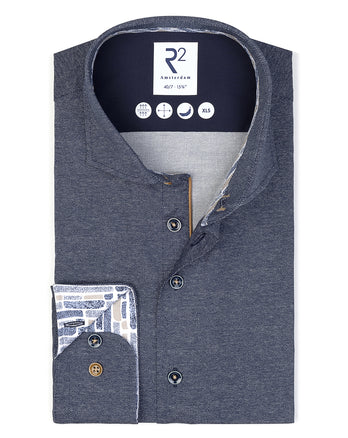 Extra lange Ärmel. Bedrucktes Dobby-Stretch-Hemd 010 - Navy