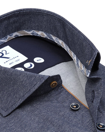 Extra lange Ärmel. Bedrucktes Dobby-Stretch-Hemd 010 - Navy