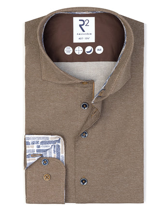 Extra lange Ärmel. Bedrucktes Dobby-Stretch-Hemd 041 - Brown