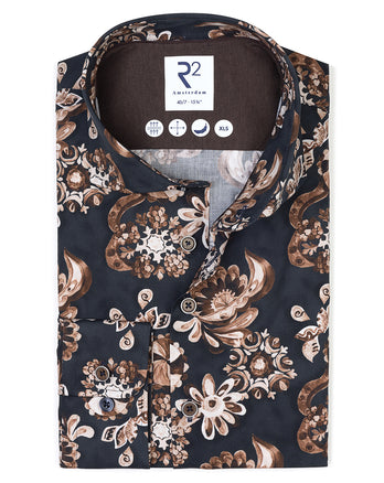 Extra long sleeves. Floral print stretch shirt 010 - Navy