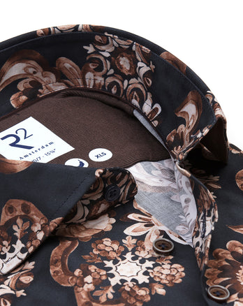 Extra long sleeves. Floral print stretch shirt 010 - Navy