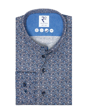 Extra long sleeves. Floral print cotton shirt 014 - Blue