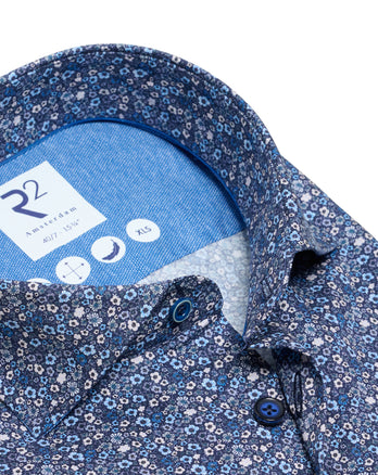 Extra long sleeves. Floral print cotton shirt 014 - Blue