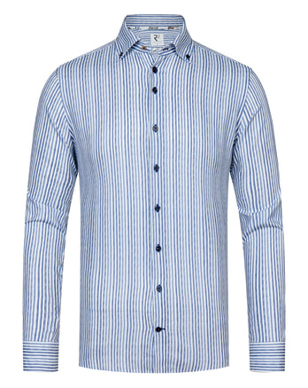 Extra lange mouwen. Gestreept linnenmix stretch overhemd 014 - Blue