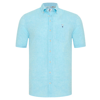 Korte mouwen linnenmix overhemd 076 - Aqua