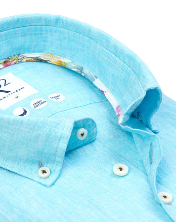 Korte mouwen linnenmix overhemd 076 - Aqua