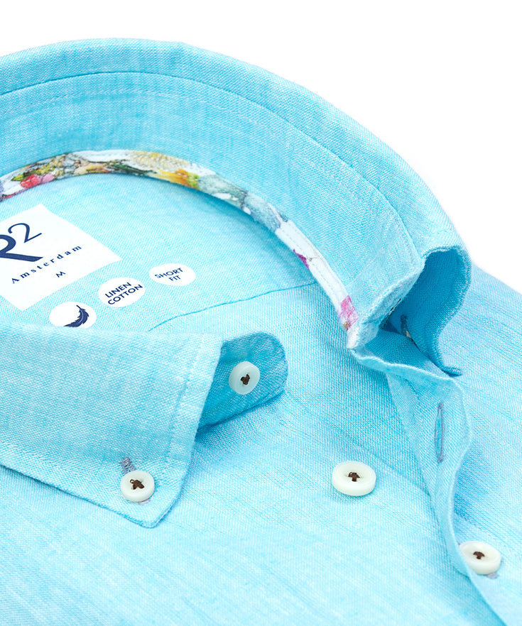Short sleeve linen blend shirt 076 - Aqua