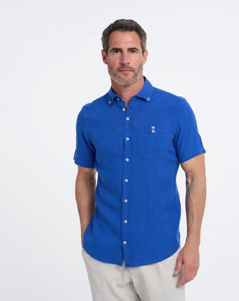 Kurzärmeliges Leinenmischung Hemd 012 - Cobalt