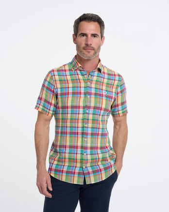 Kurzärmeliges kariertes Leinenmischung Hemd 073 - Multicolour