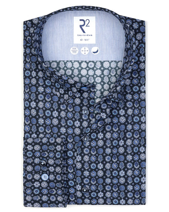 Blumenmuster Stretchhemd 010 - Navy
