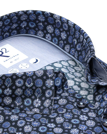 Blumenmuster Stretchhemd 010 - Navy