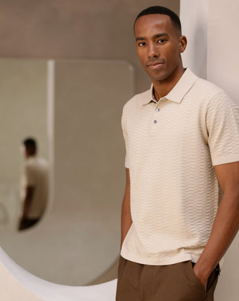 Gebreide structuur katoenen polo 045 - Beige