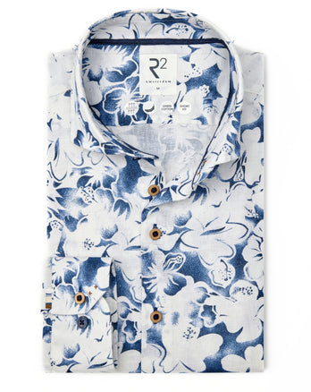 Geprint linnen stretchshirt 014 - Blue