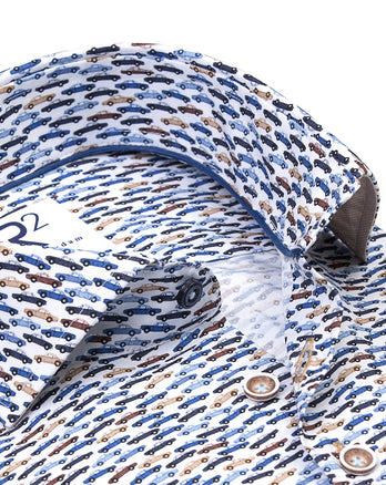 Klassieke autoprint katoenen overhemd 014 - Blue