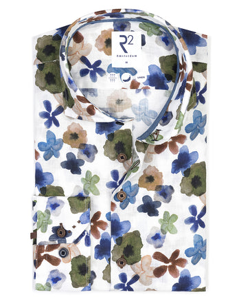 Bloemenprint linnen overhemd 070 - Dark green