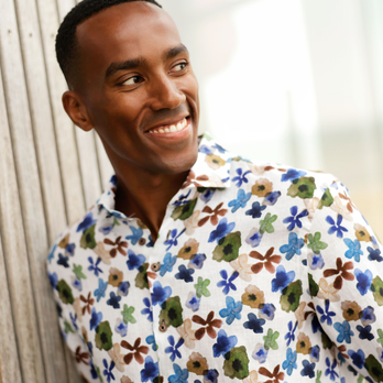 Floral print linen shirt 070 - Dark green