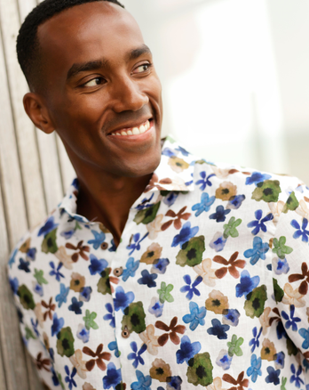 Bloemenprint linnen overhemd 070 - Dark green