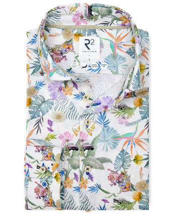 Extra lange mouwen. Bloemenprint linnenmix stretch overhemd 073 - Multicolour