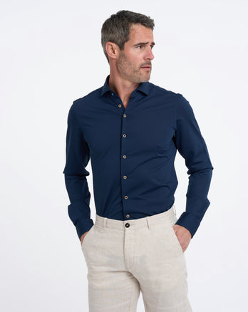 Extra lange mouwen. Linnenmix knitted overhemd 010 - Navy