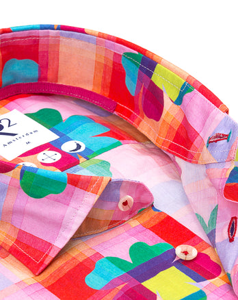 Korte mouwen geruit bloemenprint katoenen overhemd 073 - Multicolour