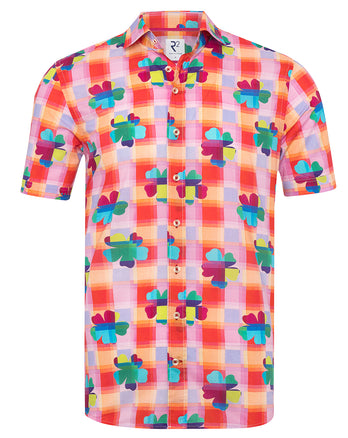 Korte mouwen geruit bloemenprint katoenen overhemd 073 - Multicolour