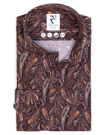 Paisleyprint dobby stretch overhemd 080 - Bordeaux
