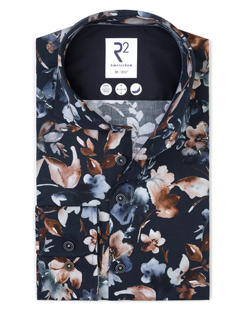 Flower print stretch shirt 010 - Navy