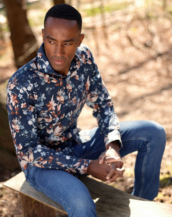 Flower print stretch shirt 010 - Navy