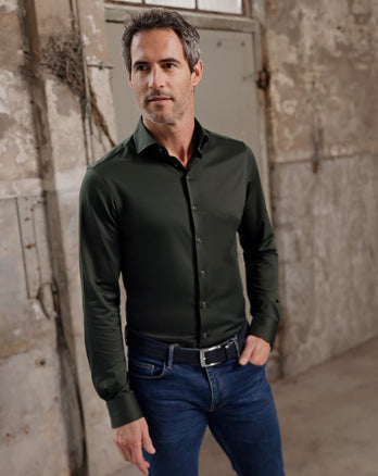 Extra long sleeves. Travel shirt dobby 070 - Dark green