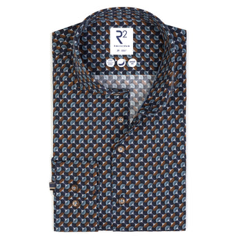 Extra long sleeves. Retro print stretch shirt 014 - Blue