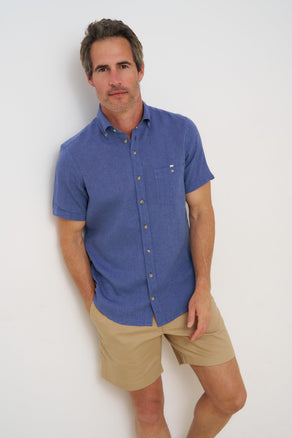 Short sleeve linen blend shirt 016 - Denim blue