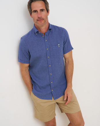 Kurzärmeliges Leinenmischung Hemd 016 - Denim blue