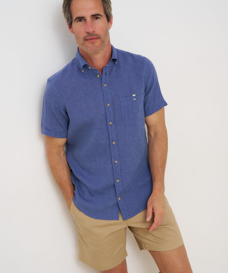 Short sleeve linen blend shirt 016 - Denim blue