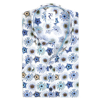 Korte mouwen bloemenprint katoenen overhemd 014 - Blue