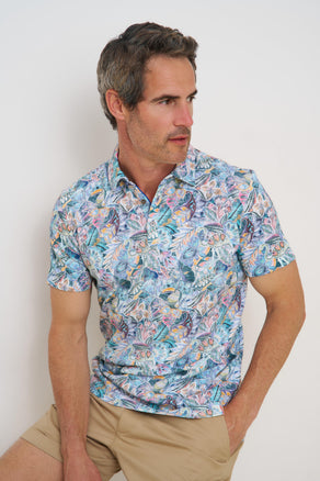 Floral print linen blend polo 073 - Multicolour