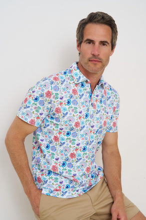 Floral print linen blend polo 073 - Multicolour