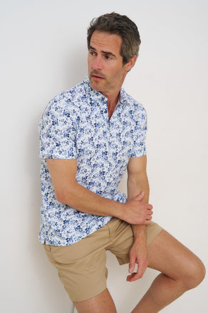 Floral print linen blend polo 014 - Blue