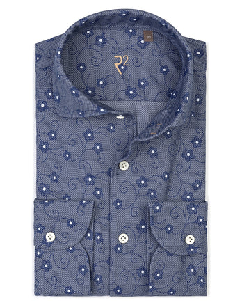 R2 Premium Blumenprint Knitted Piqué-Baumwollhemd 014 - Blue