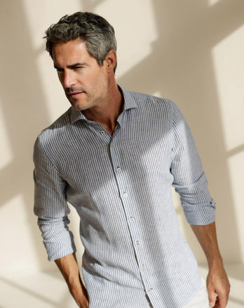 Gestreepte linnenmix overhemd 010 - Navy