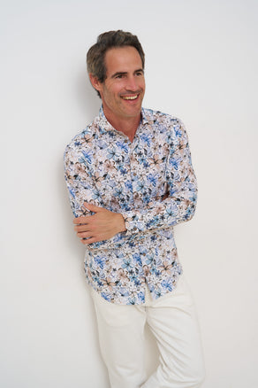 Extra long sleeves. Floral print linen stretch shirt 045 - Beige