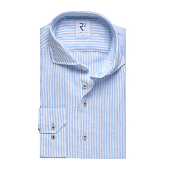 Extra lange mouwen. Gestreepte linnenmix overhemd 018 - Light blue