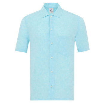 Short sleeve striped linen blend shirt 076 - Aqua