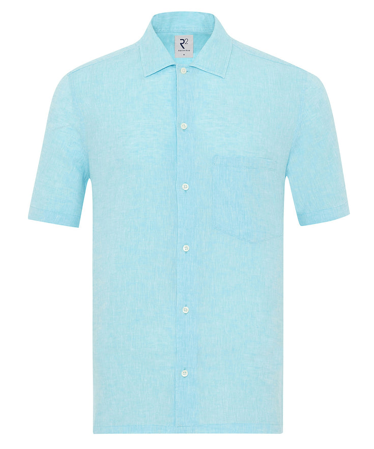 Kurzarm-Gestreiftes-Leinengemisch-Hemd 076 - Aqua