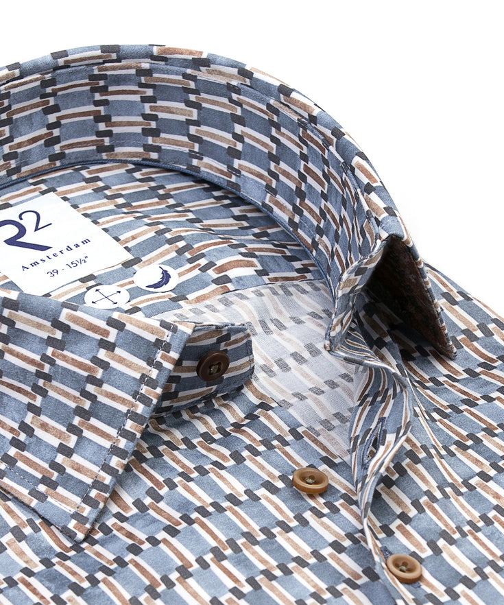 Extra long sleeves. Retro print cotton shirt 019 - Vintage blue