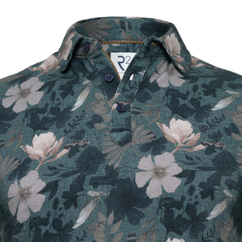 Blumen Auto-Print Leinen-Blend Polo 010 - Navy