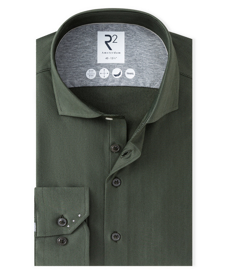 Extra long sleeves. Travel shirt herringbone 070 - Dark green