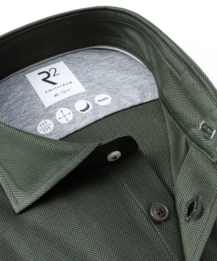 Extra long sleeves. Travel shirt herringbone 070 - Dark green