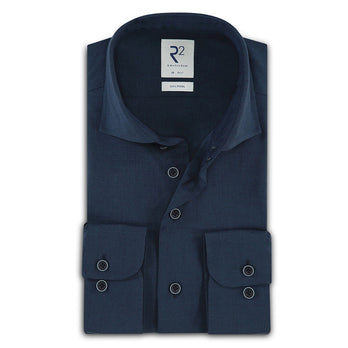 Extra lange Ärmel. Marineblaues Hemd aus 100% Wolle Navy